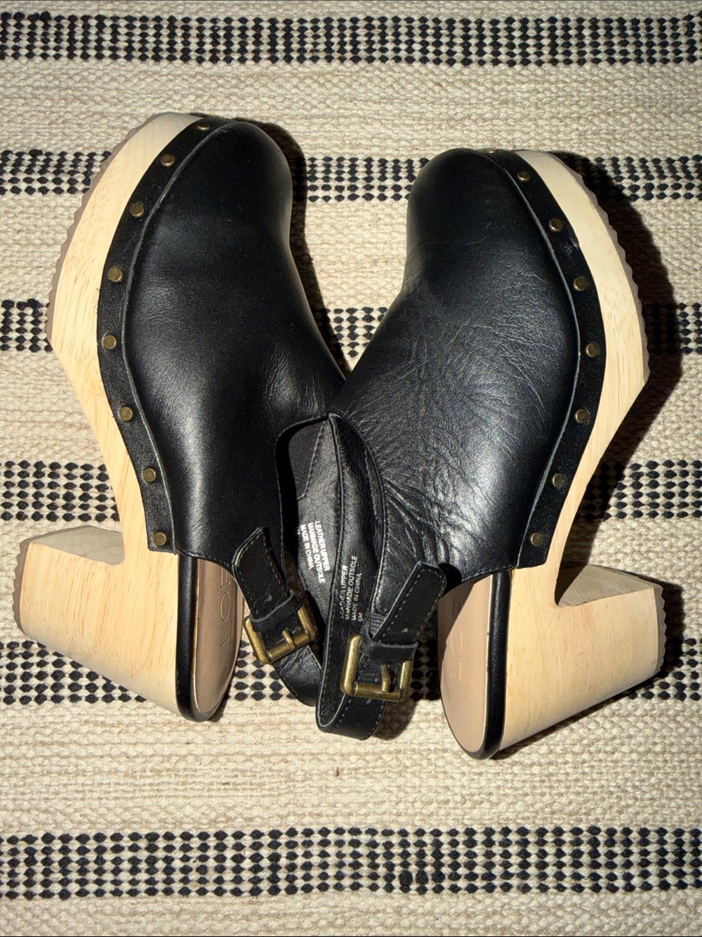 LOFT Black Leather Slingback Clogs with Studded Wooden Sole - Picture 5 of 7